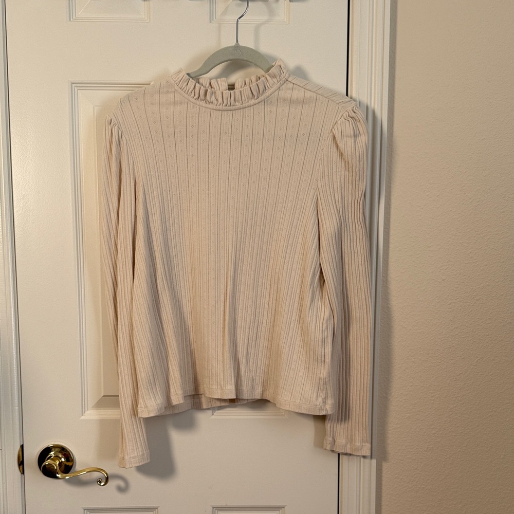 Me+Em Ruffle Neck Ribbed Long Sleeve pointelle Top - Cream